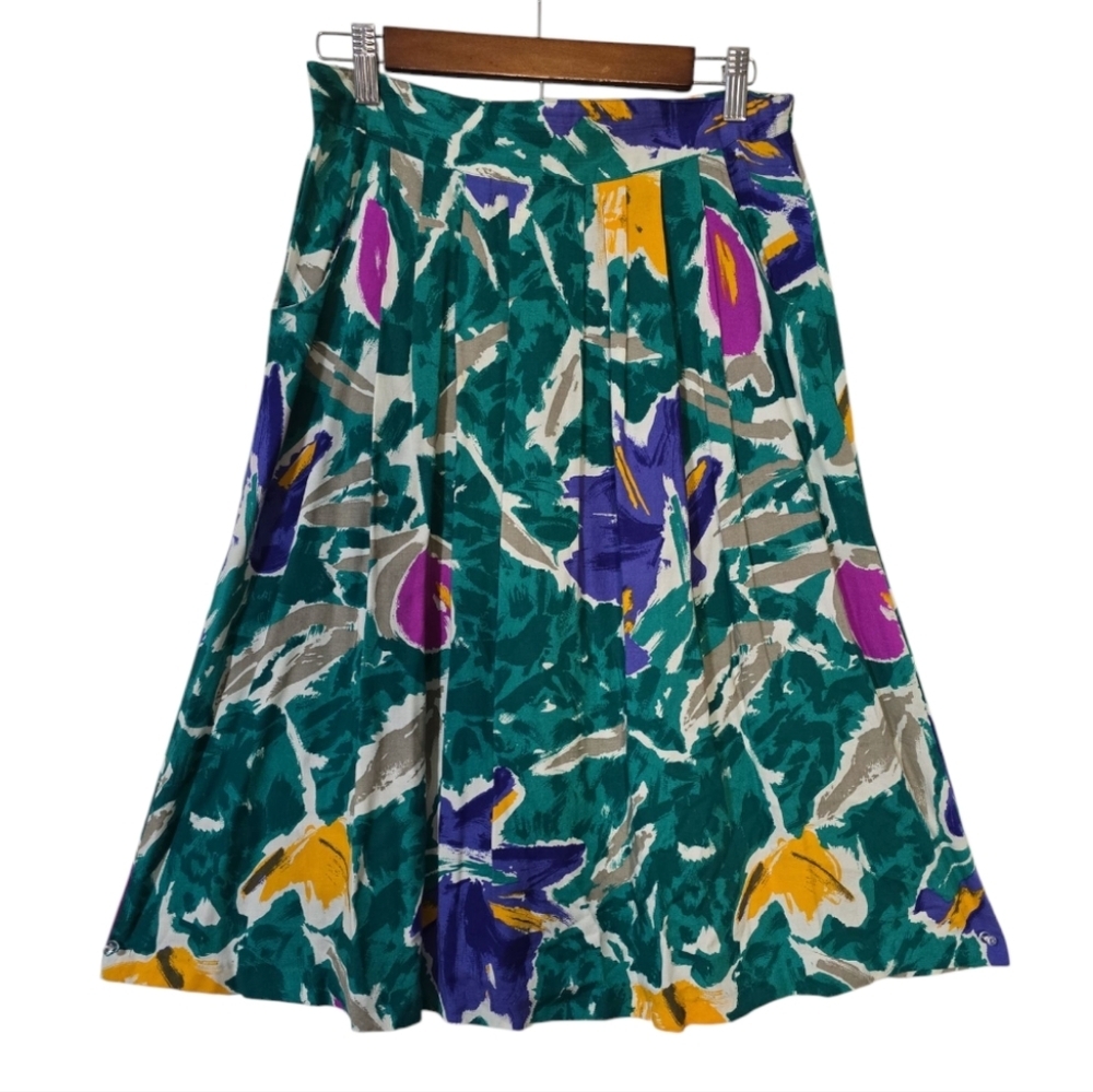 Vintage Hand-Painted Look Floral Skirt | High Waisted Pleated Midi Size 10 - Picture 7 of 9